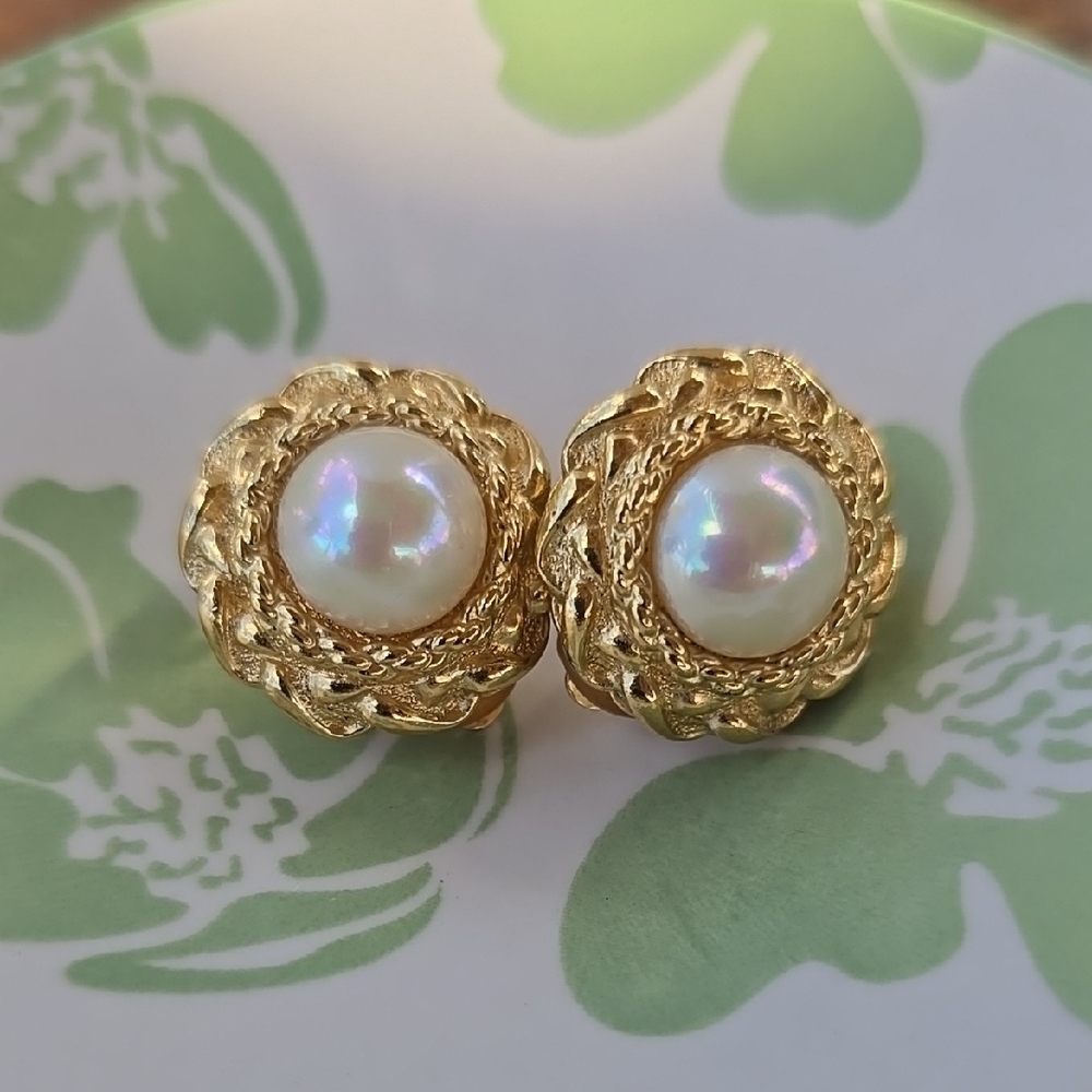 Christian Dior Gold and White Pearl Clip on Earrings with Textured Design